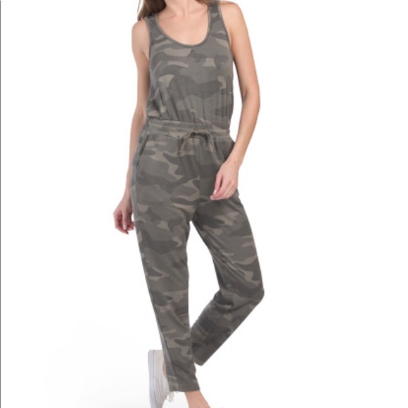Splendid Soft Terry Camouflage Sleeveless Drawstring Jumpsuit Green Gray M NWT